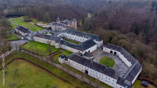 Aerial view of Modave Castle (Château de Modave) and its dependencies, in Modave, Belgium