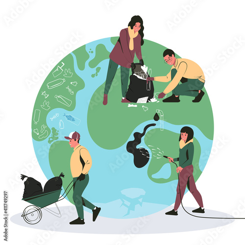 People volunteer clean planet Earth from garbage from plastic bottles and various waste. Women and man cleanse the World from pollution and save ecology, environment or nature. Flat vector