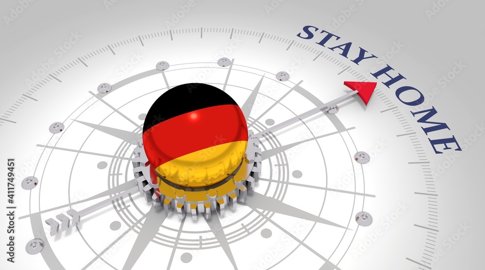 Concept of medicine. Abstract compass points to the stay home text. Flag of Germany. 3D rendering Concept of medicine. Abstract compass points to the stay home text. Flag of Germany. 3D rendering