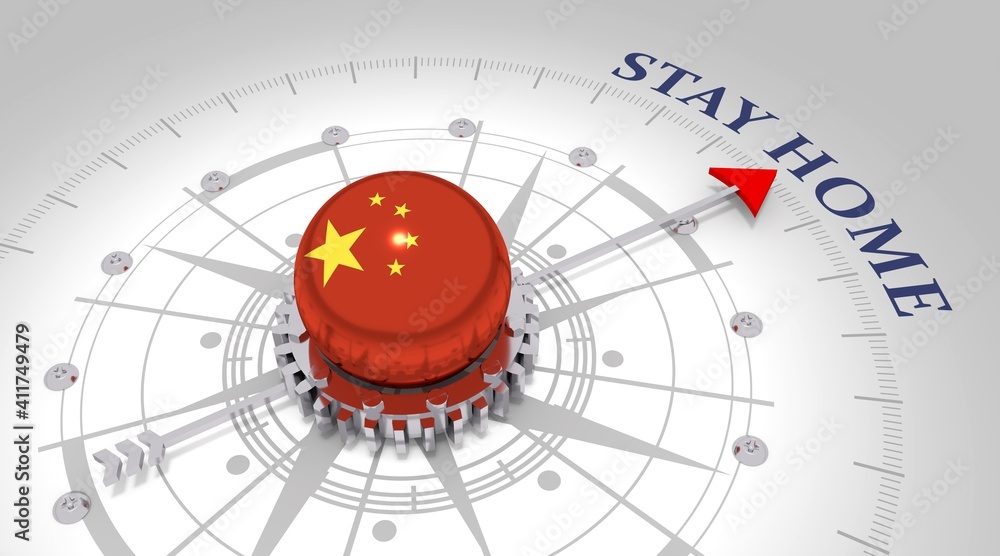 Concept of medicine. Abstract compass points to the stay home text. Flag of China. 3D rendering Concept of medicine. Abstract compass points to the stay home text. Flag of China. 3D rendering