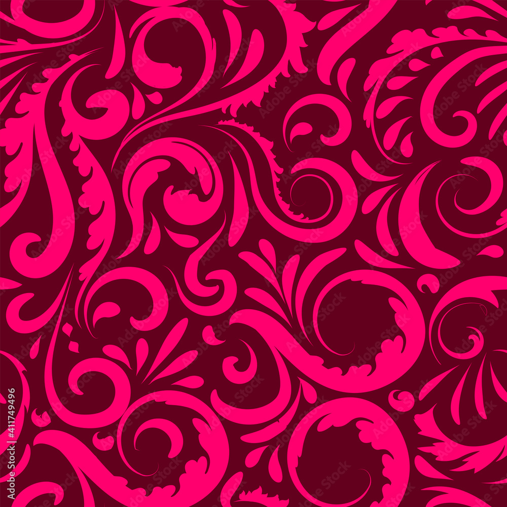 seamless flowers pattern, curls, curls pink background print