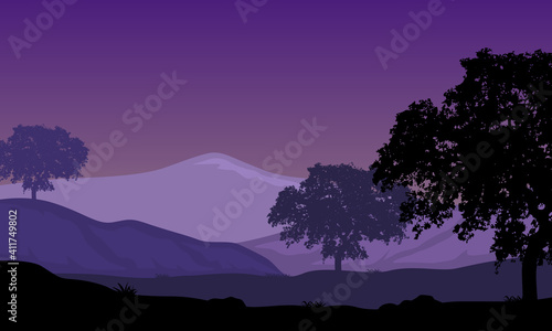 Nice scenery of trees and mountains at night. Vector illustration