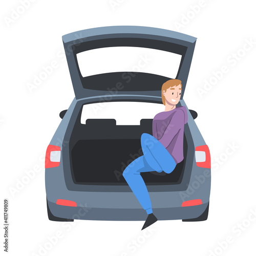 Beaming Man Sitting in Car Trunk Taking Picture Vector Illustration