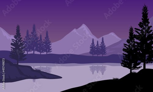 Very stunning nature scenery at night in the river bank. Vector illustration