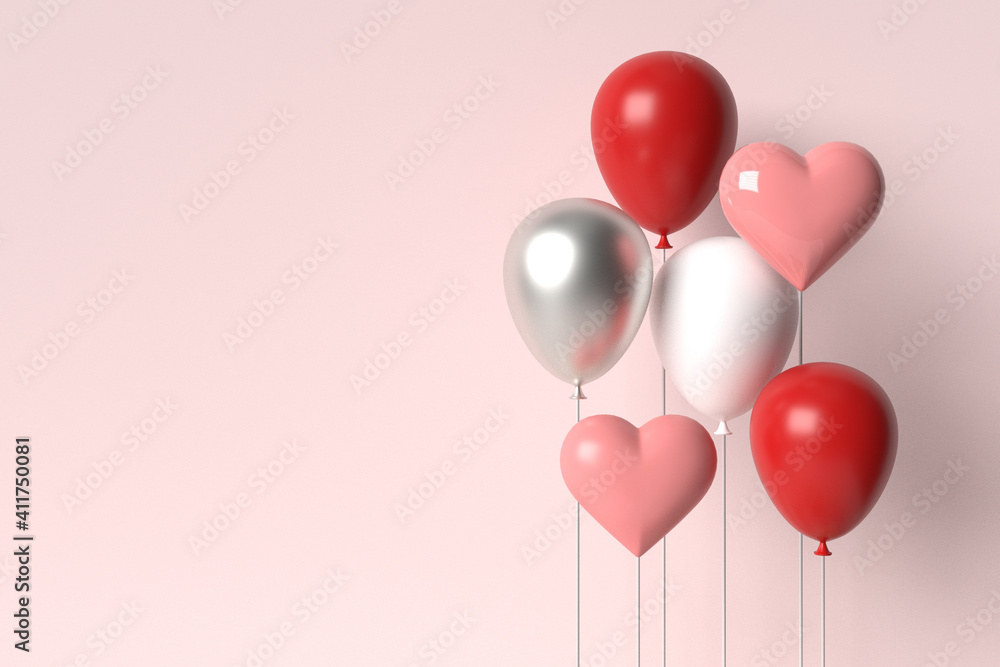 Pink background with white and red balloons. Valentine's Day or wedding day romantic background for party, events, presentation or promotion banner, posters. 3d render