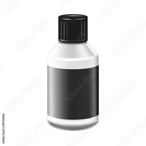 White bottle with black label and screw cap, vector mock-up. Blank container for cosmetic, medical or other liquid product, mockup. Template for design