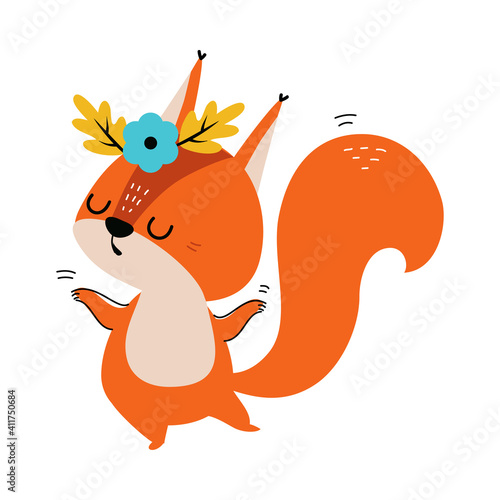 Cute Red Squirrel with Bushy Tail Wearing Floral Wreath on Its Head and Dancing Vector Illustration
