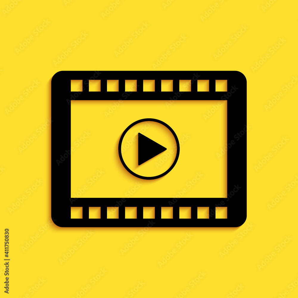 Black Play Video icon isolated on yellow background. Film strip with play sign. Long shadow style. Vector. Black Play Video icon isolated on yellow background. Film strip with play sign. Long shadow style. Vector.