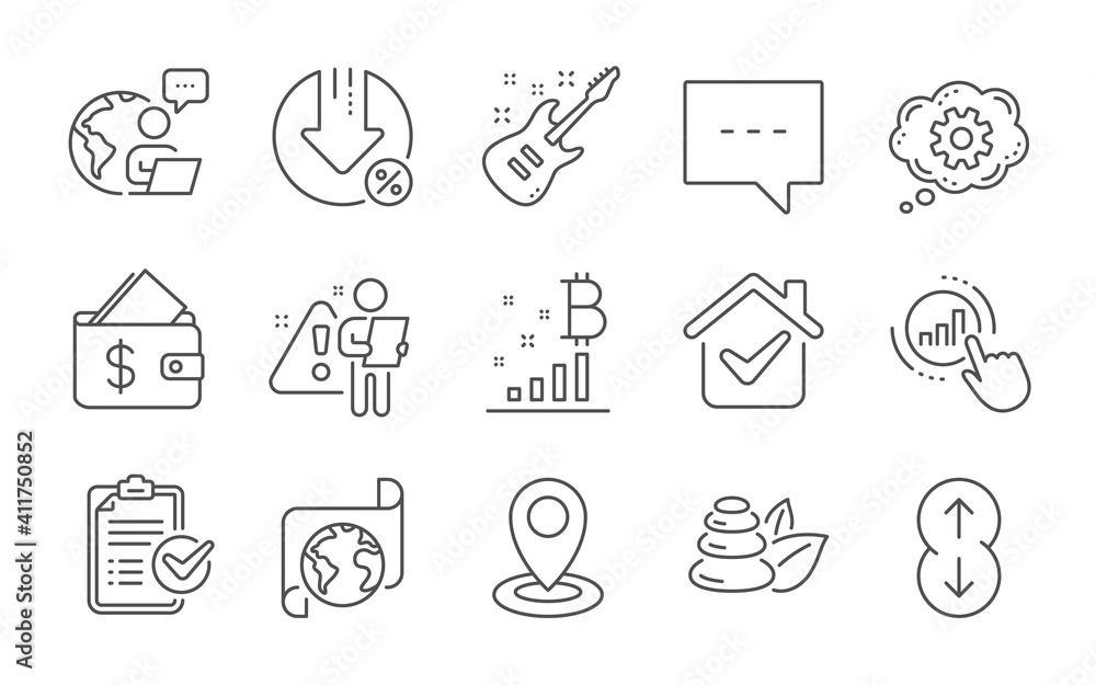 Loan percent, Translation service and Scroll down line icons set. Blog, Spa stones and Graph chart signs. Electric guitar, Cogwheel and Survey checklist symbols. Line icons set. Vector