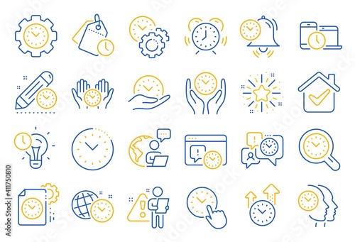 Time management line icons. Alarm clock, timer plan and project deadline signs. Countdown clock, time log and appointment reminder icons. People work, watch and office timer. Line icon set. Vector