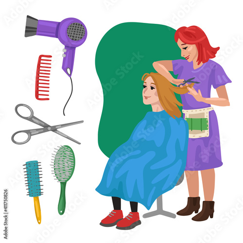 Hairdresser Professions, character and items for his work. Children's education. Exercise for preschoolers. Vector flat cartoon illustration.