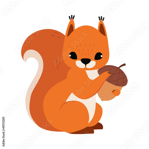 Red Fluffy Squirrel with Bushy Tail Holding Acorn Vector Illustration