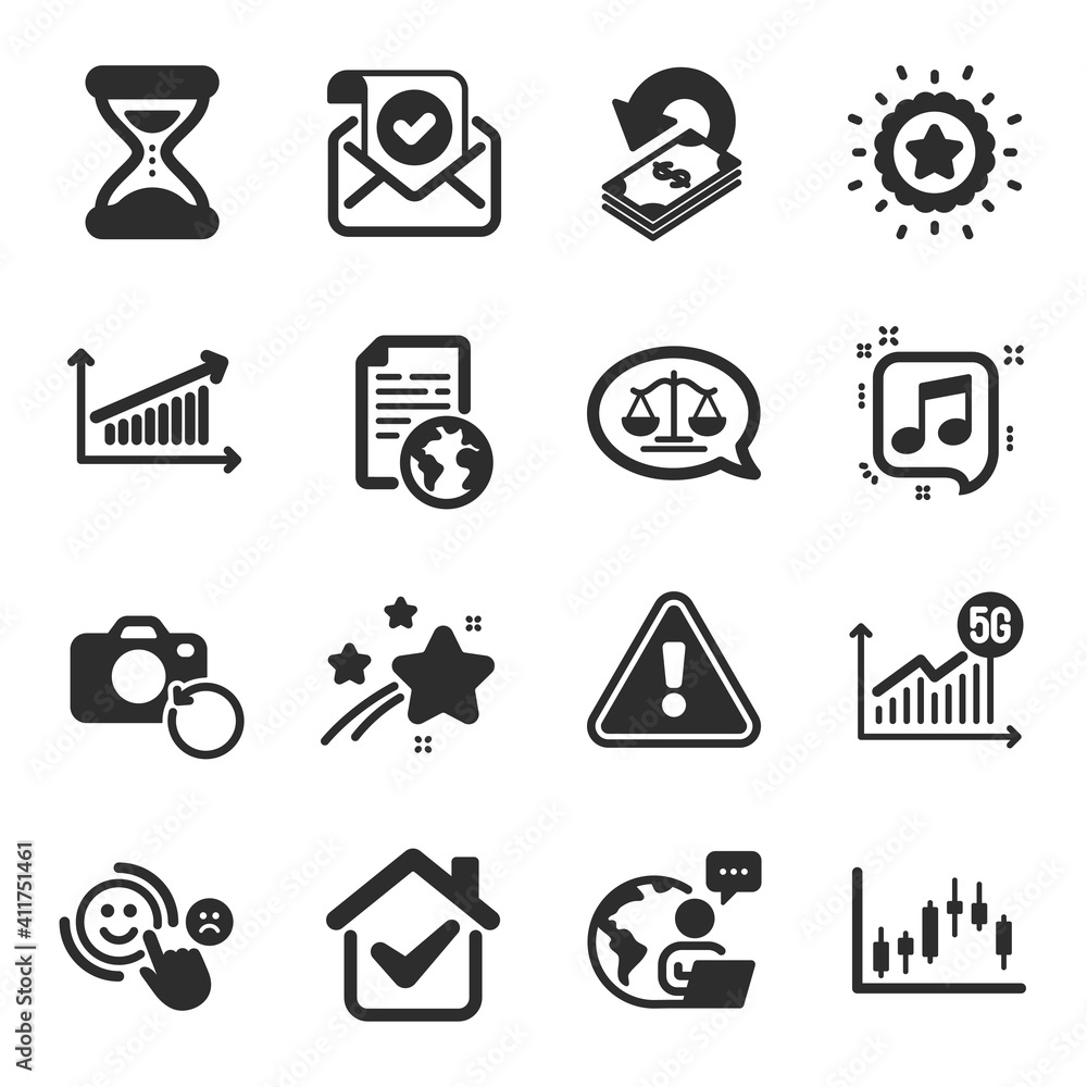Fototapeta premium Set of Education icons, such as 5g statistics, Cashback, Confirmed mail symbols. Internet document, Musical note, Recovery photo signs. Candlestick graph, Chart, Customer satisfaction. Vector