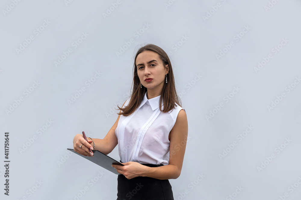 cheerful business woman with clipboard, isolated on white background cheerful business woman with clipboard, isolated on white background