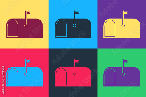 Pop art Mail box icon isolated on color background. Mailbox icon. Mail postbox on pole with flag. Vector.