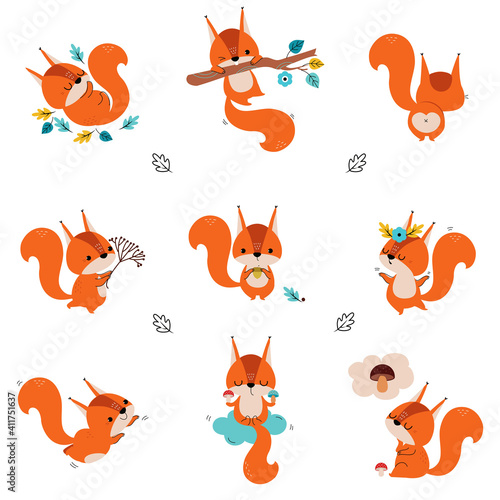 Cute Red Squirrel Dancing and Swinging on Tree Branch Vector Set