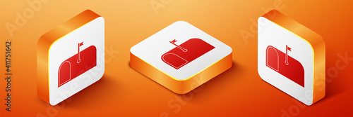 Isometric Mail box icon isolated on orange background. Mailbox icon. Mail postbox on pole with flag. Orange square button. Vector.