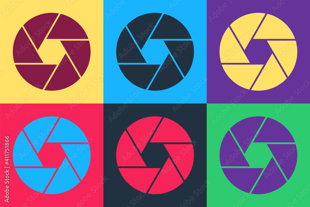 Pop art Camera shutter icon isolated on color background. Vector. Pop art Camera shutter icon isolated on color background. Vector.