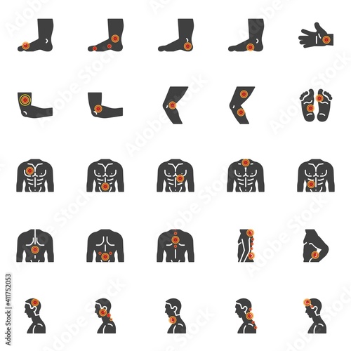 Human body ache vector icons set, modern solid symbol collection, Body pain and injury filled style pictogram pack. Signs, logo illustration. Set includes icons as headache, sore throat, spine pain