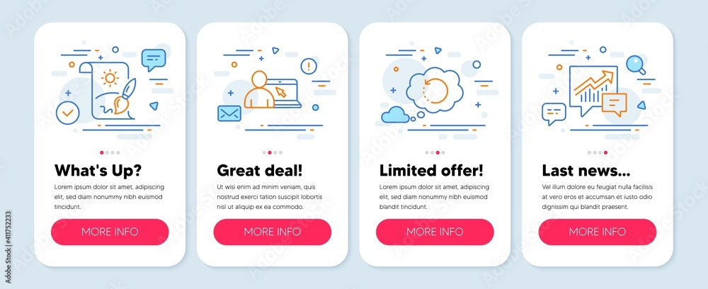 Set of Education icons, such as Recovery data, Online education, Creative painting symbols. Mobile screen app banners. Accounting line icons. Backup info, Internet lectures, Graphic art. Vector Set of Education icons, such as Recovery data, Online education, Creative painting symbols. Mobile screen app banners. Accounting line icons. Backup info, Internet lectures, Graphic art. Vector