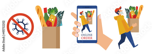 Contactless safe delivery of products. Vector illustration.