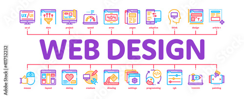 Web Design Development Minimal Infographic Web Banner Vector. Creative Web Design Studio Tool And Settings  Error Message And Filtering Data Color Illustration