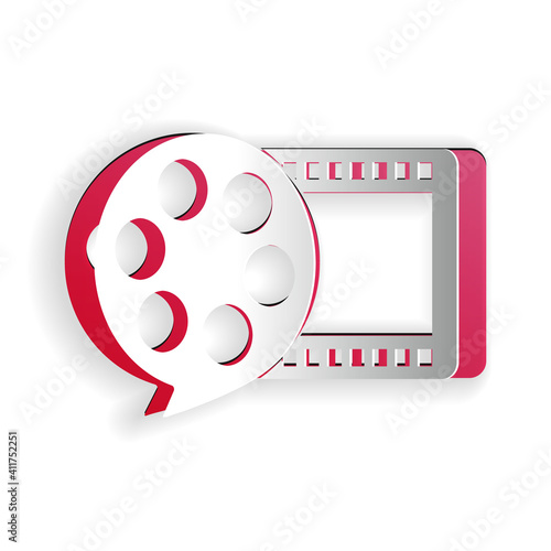 Paper cut Film reel and play video movie film icon isolated on white background. Paper art style. Vector.