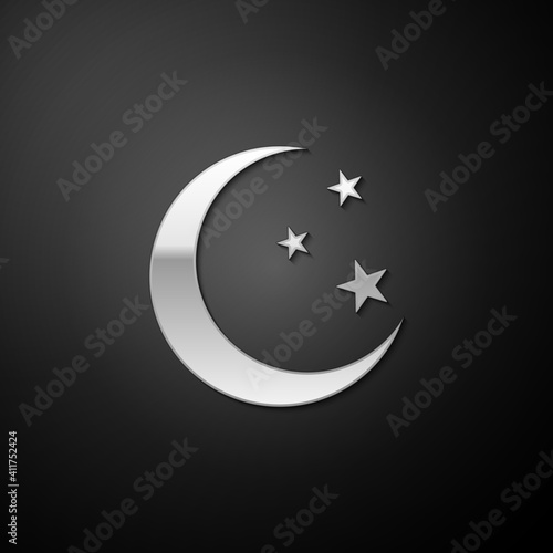Silver Moon and stars icon isolated on black background. Long shadow style. Vector.