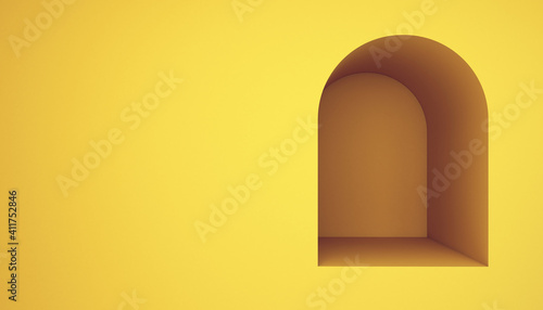 Yellow wall with arch. 3d render.