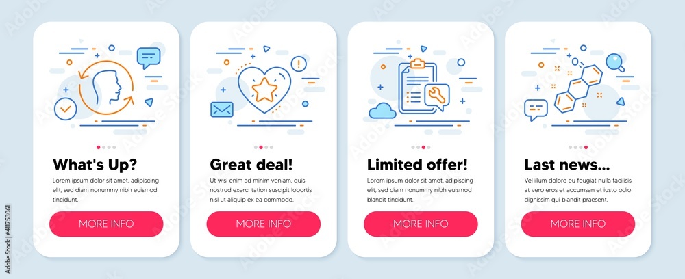 Set of Technology icons, such as Spanner, Ranking star, Face id symbols. Mobile app mockup banners. Chemical formula line icons. Repair service, Love rank, Identification system. Chemistry. Vector