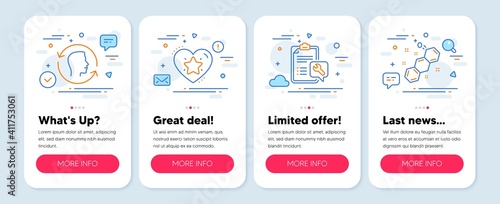Set of Technology icons, such as Spanner, Ranking star, Face id symbols. Mobile app mockup banners. Chemical formula line icons. Repair service, Love rank, Identification system. Chemistry. Vector