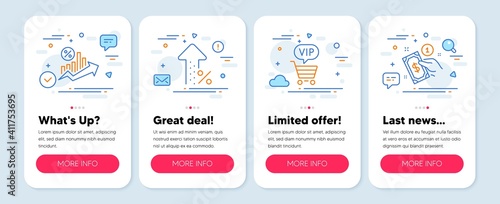 Set of Finance icons, such as Vip shopping, Loan percent, Increasing percent symbols. Mobile screen banners. Payment method line icons. Exclusive privilege, Growth chart, Discount. Give money. Vector
