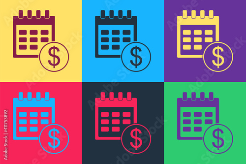 Pop art Financial calendar icon isolated on color background. Annual payment day, monthly budget planning, fixed period concept, loan duration. Vector.