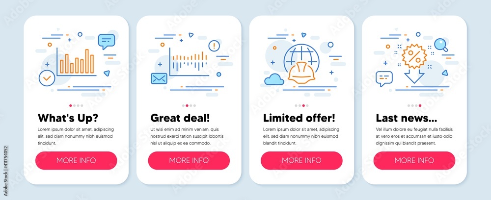 Set of line icons, such as Global engineering, Column diagram, Bar diagram symbols. Mobile screen app banners. Discount line icons. Web architecture, Sale statistics, Statistics infochart. Vector