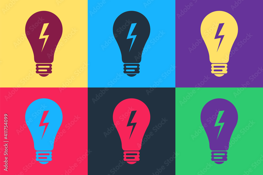 Pop art Light lamp sign. Bulb with lightning symbol icon isolated on color background. Idea symbol. Vector. Pop art Light lamp sign. Bulb with lightning symbol icon isolated on color background. Idea symbol. Vector.