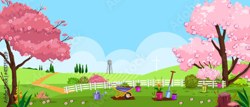 Spring, summer vector garden, backyard nature landscape with blossom sakura tree, fence, grass, meadow. Rustic, countryside, rural scene, background with equipment. Spring garden, lawn panoramic view