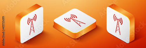 Isometric Antenna icon isolated on orange background. Radio antenna wireless. Technology and network signal radio antenna. Orange square button. Vector.