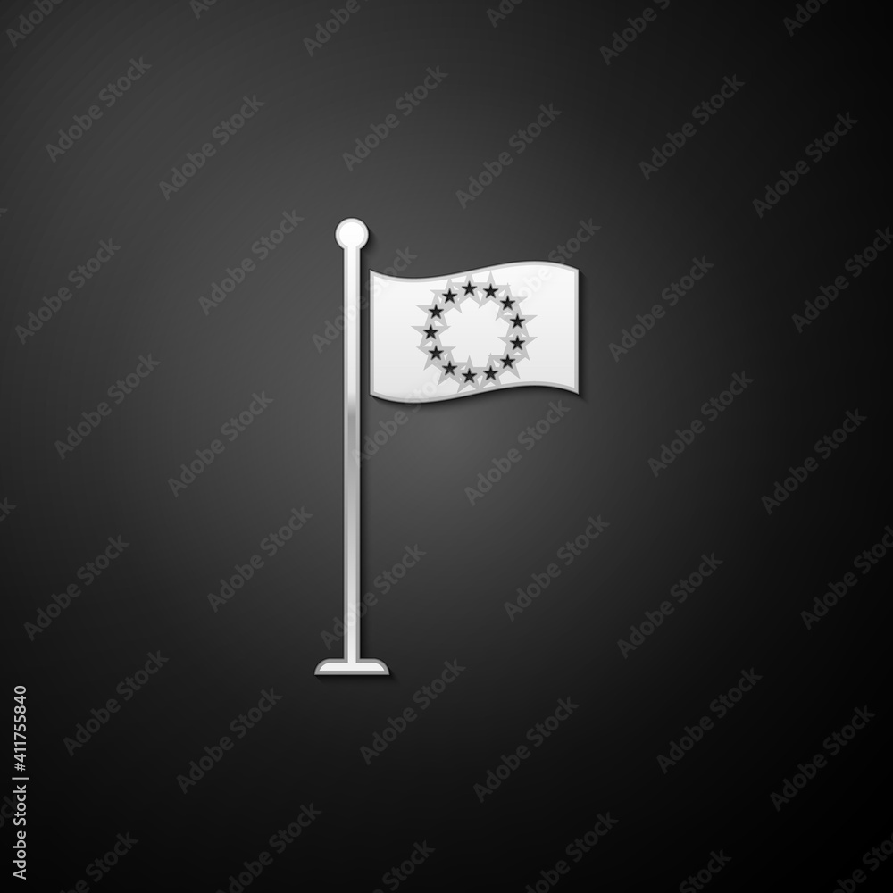 Silver Flag of European Union icon isolated on black background. EU circle symbol. Waving EU flag on a metallic pole. Long shadow style. Vector. Silver Flag of European Union icon isolated on black background. EU circle symbol. Waving EU flag on a metallic pole. Long shadow style. Vector.