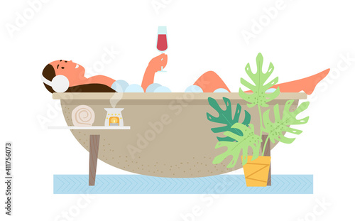 Self Care Concept Vector Illustration. Woman In Headphones Relaxes In Bath With Glass Of Wine.