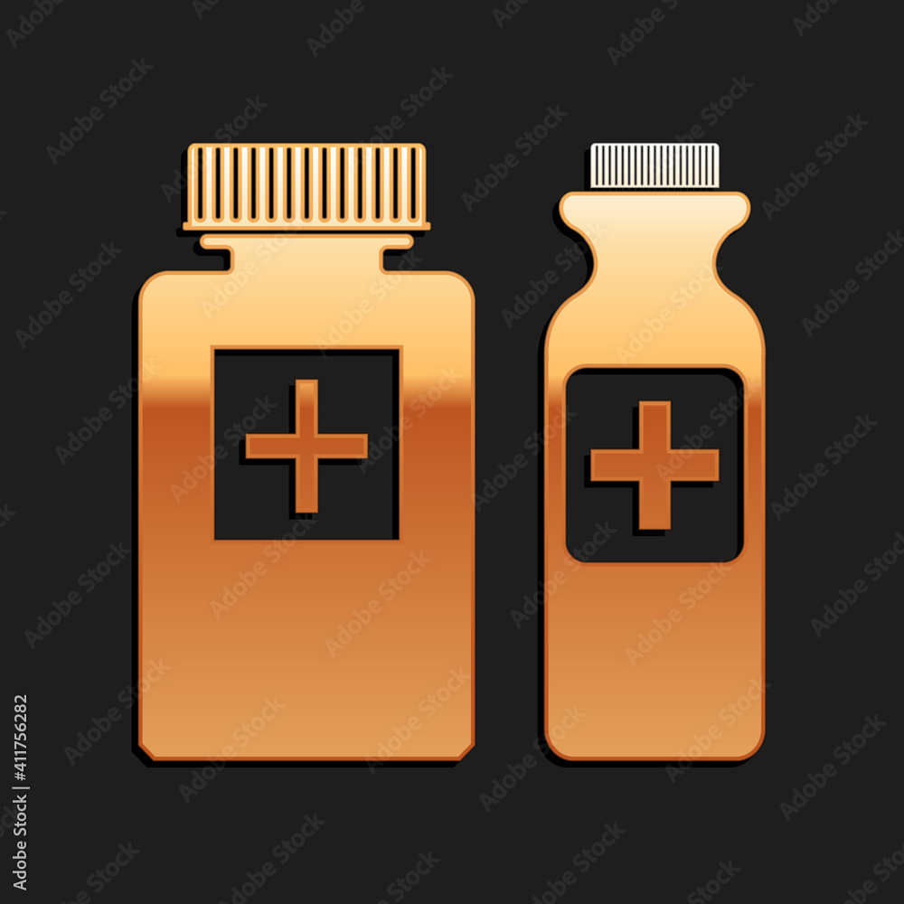 Fototapeta premium Gold Medicine bottle icon isolated on black background. Bottle pill sign. Pharmacy design. Long shadow style. Vector.