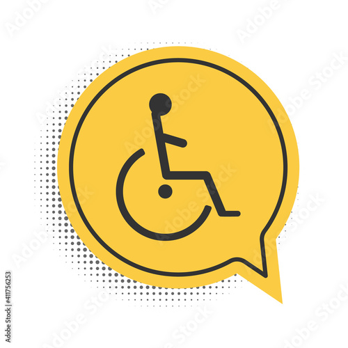 Black Disabled handicap icon isolated on white background. Wheelchair handicap sign. Yellow speech bubble symbol. Vector.