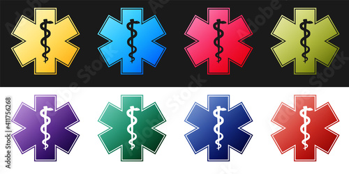 Set Medical symbol of the Emergency - Star of Life icon isolated on black and white background. Vector.