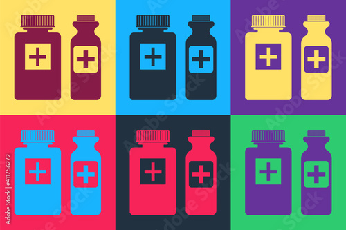 Pop art Medicine bottle icon isolated on color background. Bottle pill sign. Pharmacy design. Vector.