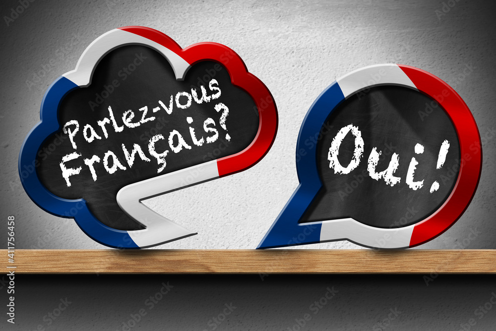 3D illustration of two speech bubbles with French flag and question  Parlez-vous Francais? and Oui! (Do you speak French? and Yes!). On a wooden  shelf with a wall on background. Stock Photo