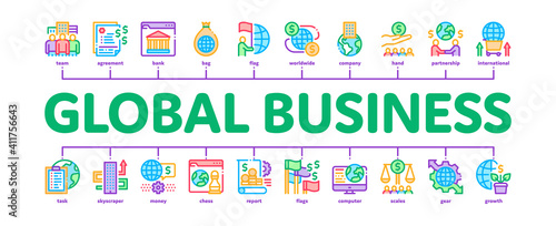 Global Business Finance Strategy Minimal Infographic Web Banner Vector. International And Worldwide Business, Businesspeople Team And Agreement Color Illustration