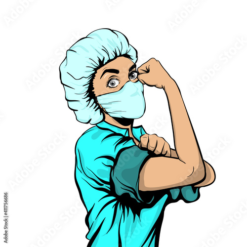 We Can Do It woman doctor in medical mask retro poster. Cartoon vintage nurse girl in pop art style. Caucasian pop art doctor isolated in white background.
