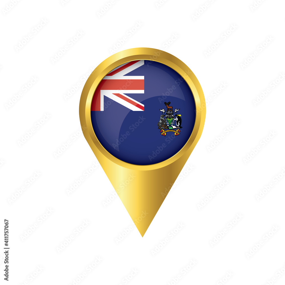 Flag of South Georgia and the South Sandwich Island.symbol check in , golden map pointer with the national flag of in the button. vector illustration. Flag of South Georgia and the South Sandwich Island.symbol check in , golden map pointer with the national flag of in the button. vector illustration.