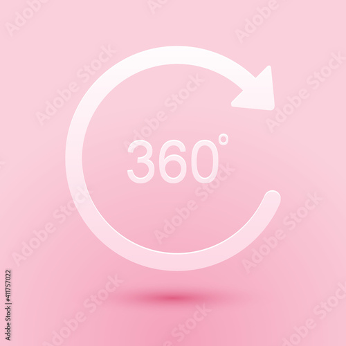 Paper cut Angle 360 degrees icon isolated on pink background. Rotation of 360 degrees. Geometry math symbol. Full rotation. Paper art style. Vector.