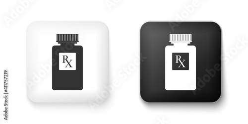 Black and white Pill bottle with Rx sign and pills icon isolated on white background. Pharmacy design. Rx as a prescription symbol on drug medicine bottle. Square button. Vector.