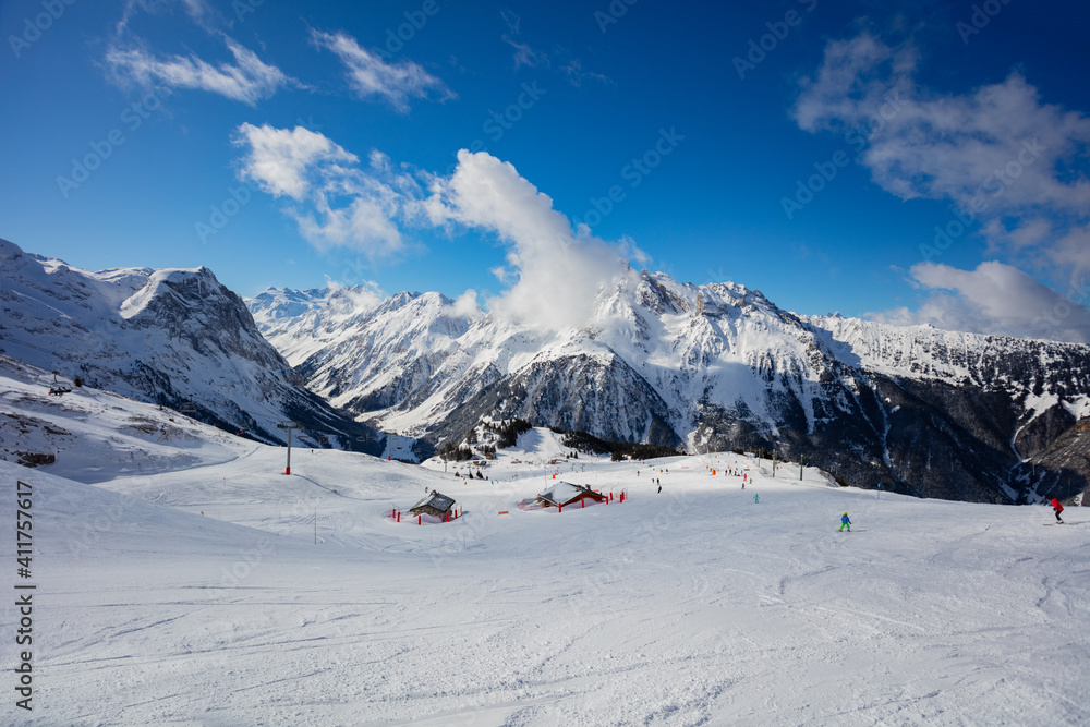 Panorama of mountains and ski pistes in Pralongan valley in France